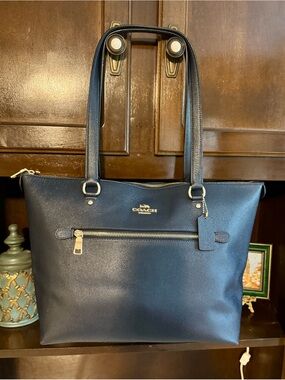 Coach Navy Saffiano Leather Zip-Top Tote with Gold Hardware